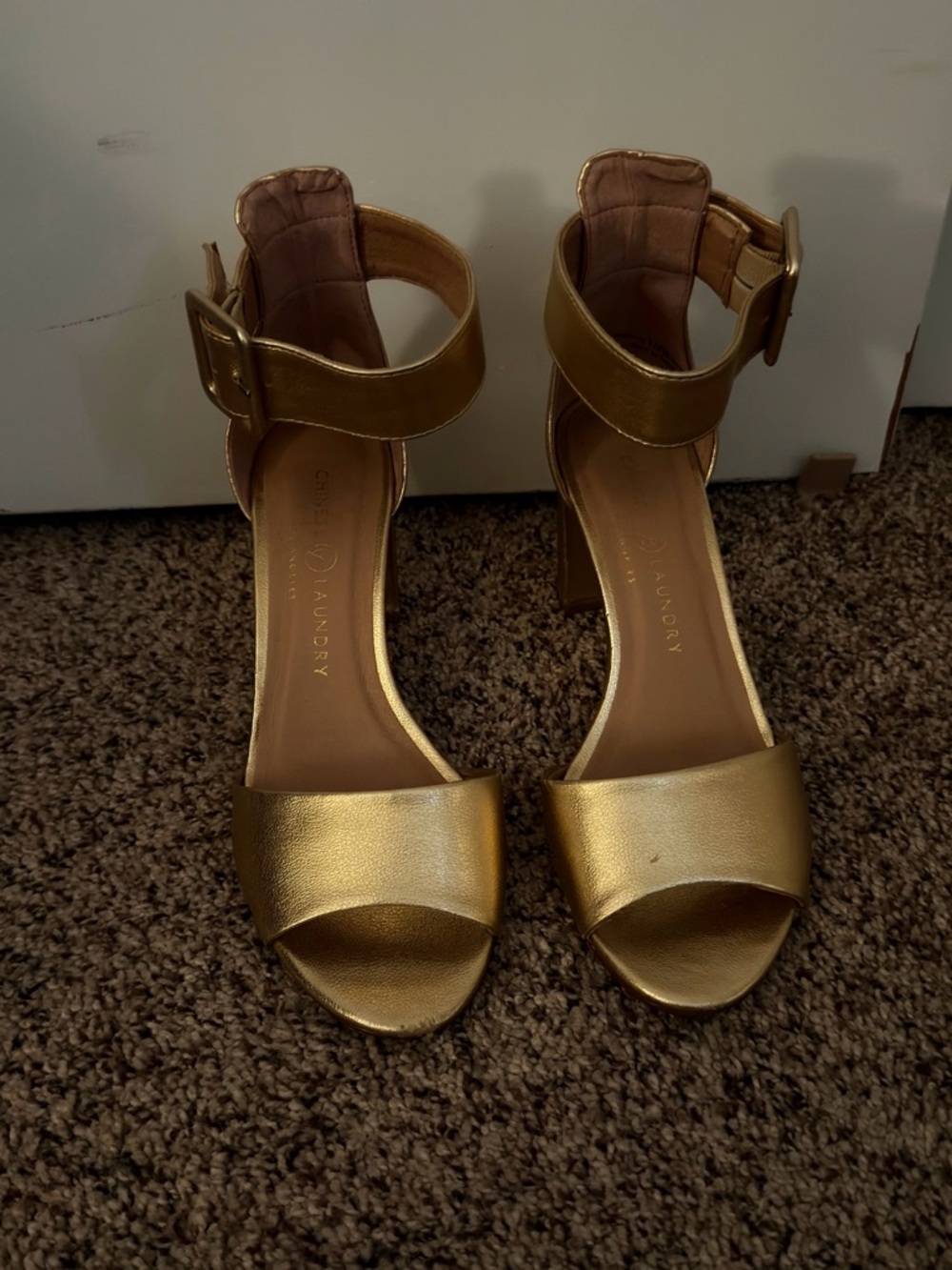 Chinese Laundry Gold Ankle-Strap Block Heels